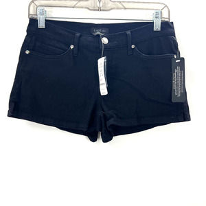 Bebe Crystal Embellished Back Black Denim Shorts Side Slit Logo Women's 28 NWT